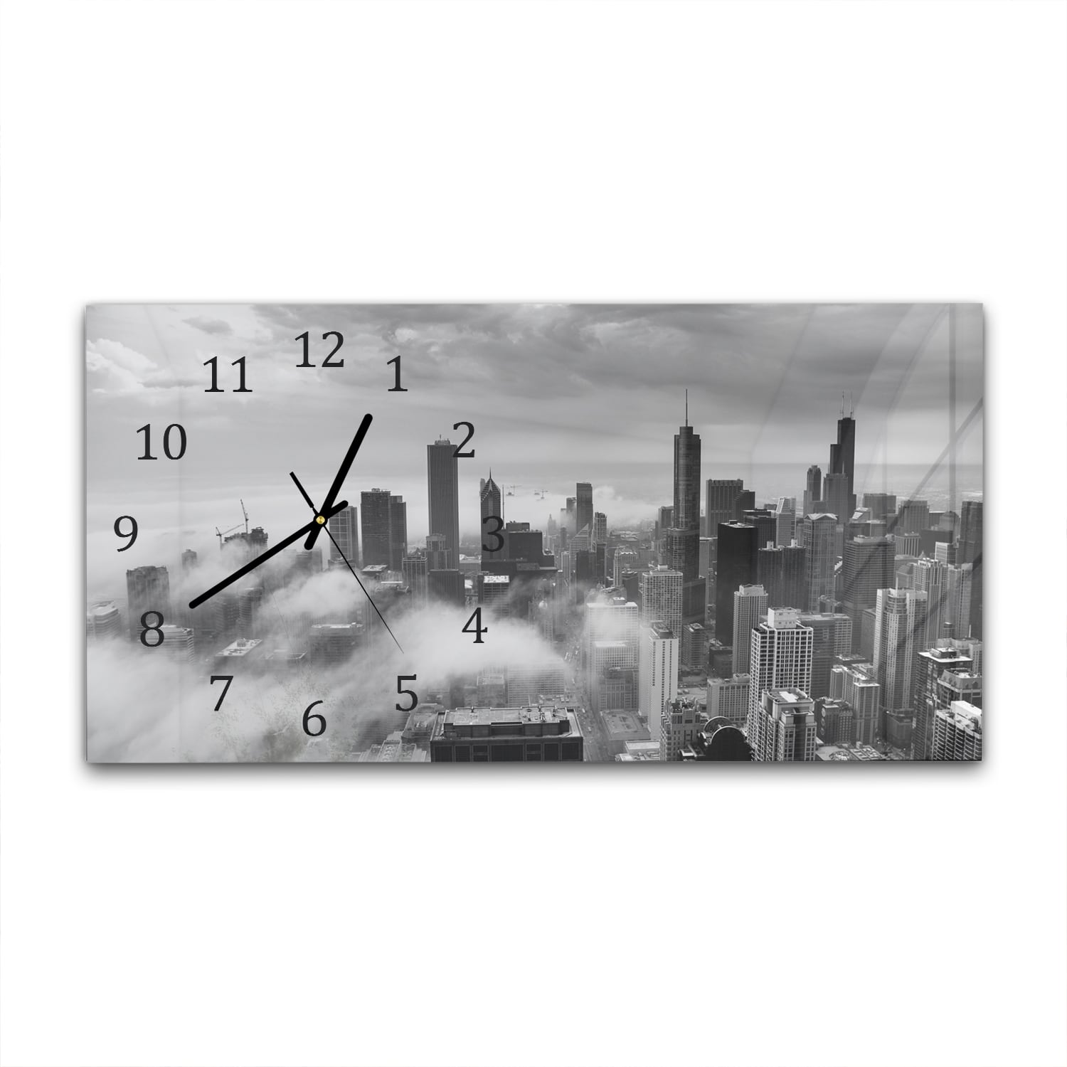 Wandklok 60x30 - Gehard Glas - Chicago Skyline in de Mist