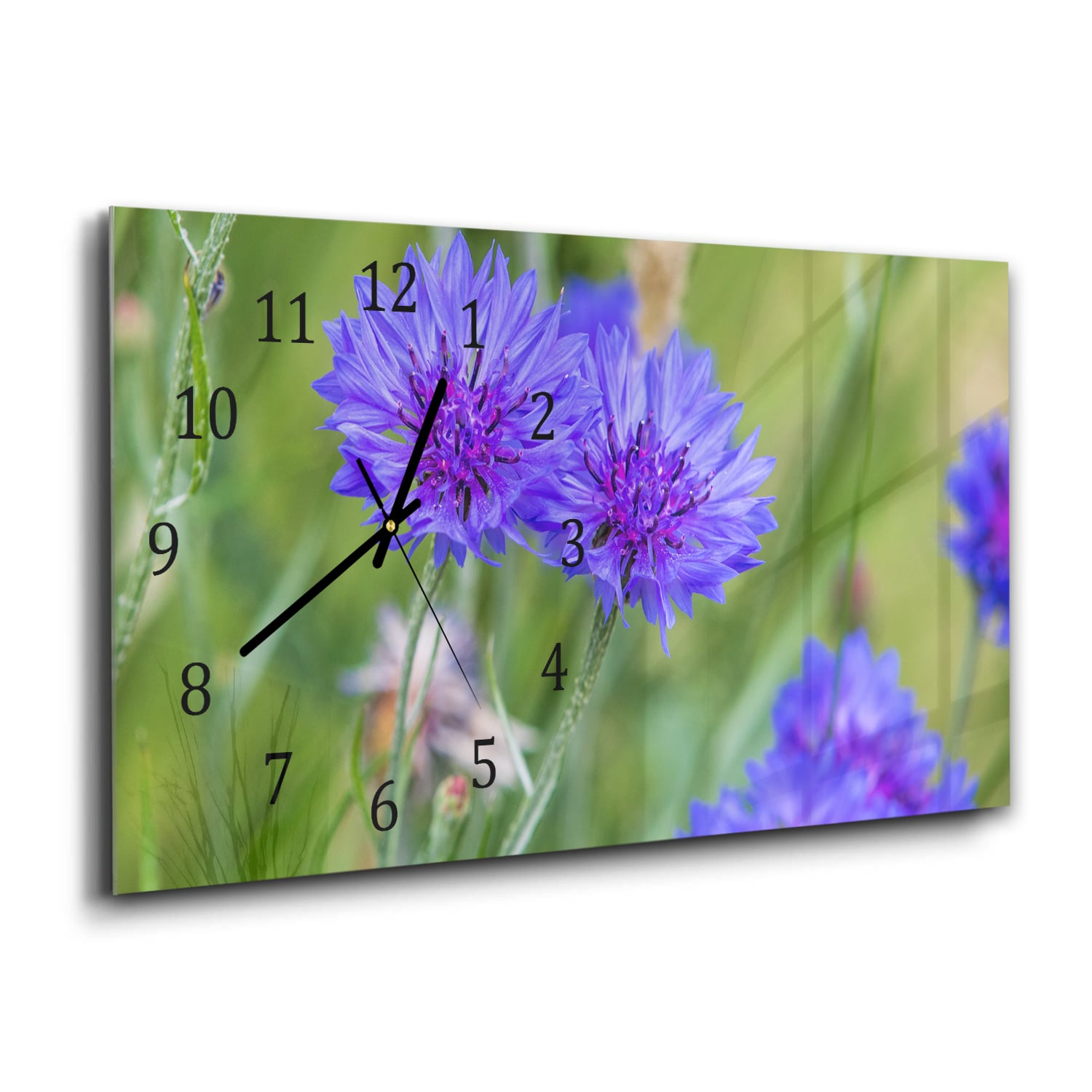 Wandklok 60x30 - Gehard Glas - Felblauw/paarse Korenbloemen