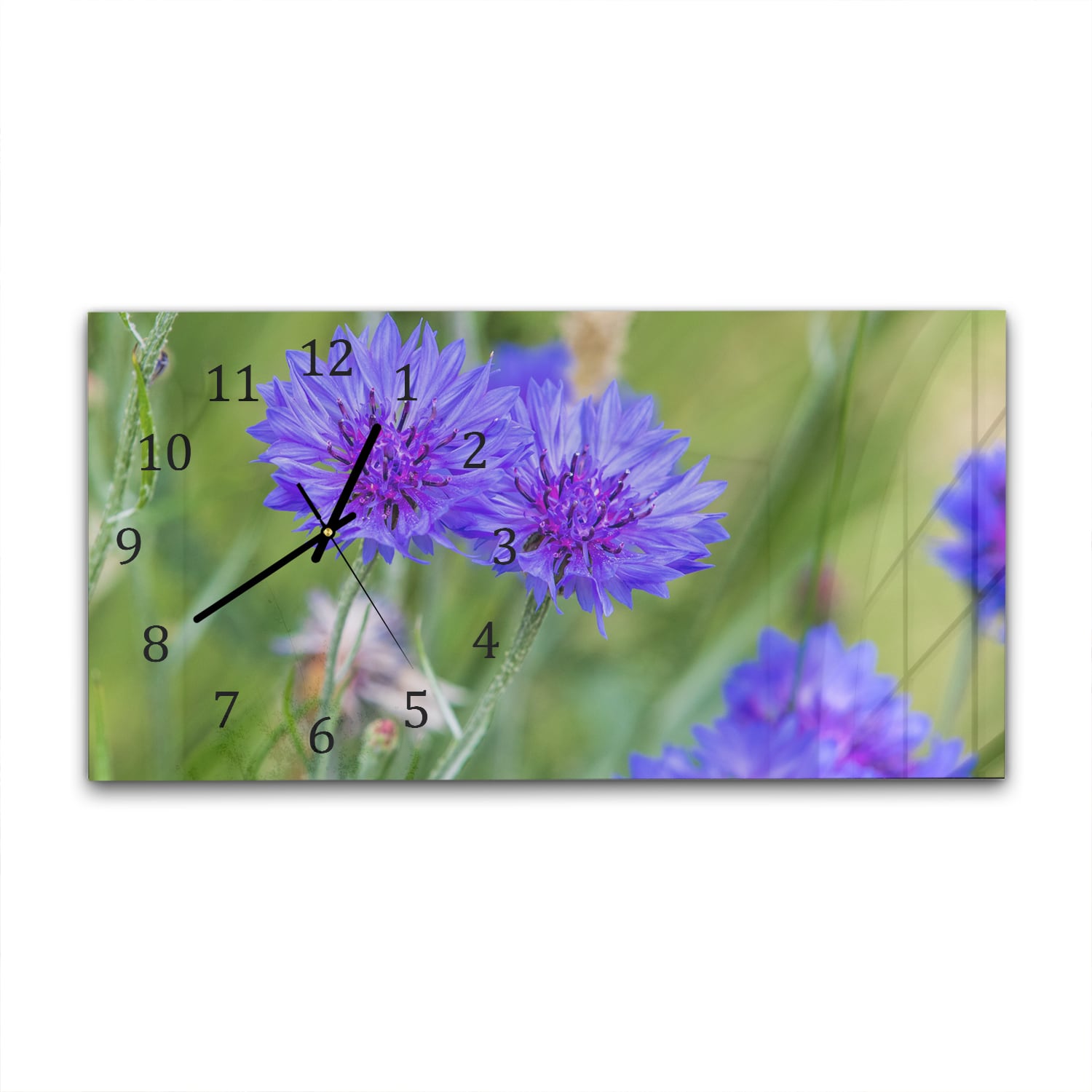 Wandklok 60x30 - Gehard Glas - Felblauw/paarse Korenbloemen