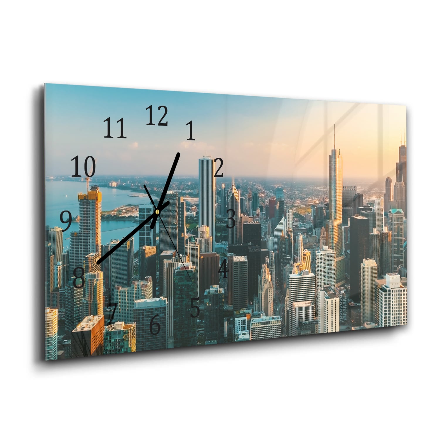 Wandklok 60x30 - Gehard Glas - Chicago Skyline bij Zonsondergang