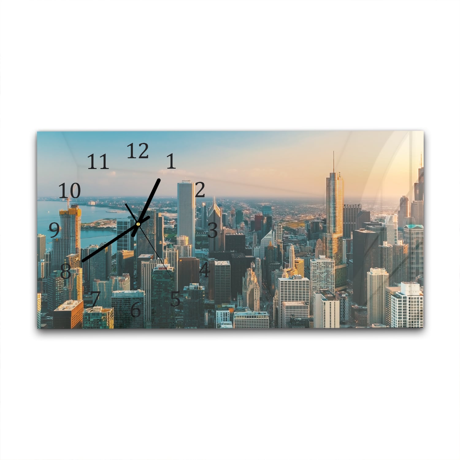 Wandklok 60x30 - Gehard Glas - Chicago Skyline bij Zonsondergang