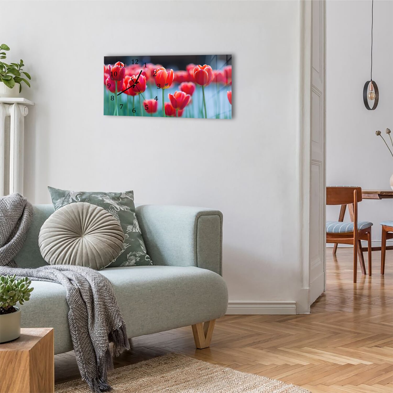 Wandklok 60x30 - Gehard Glas - Rode Tulpen