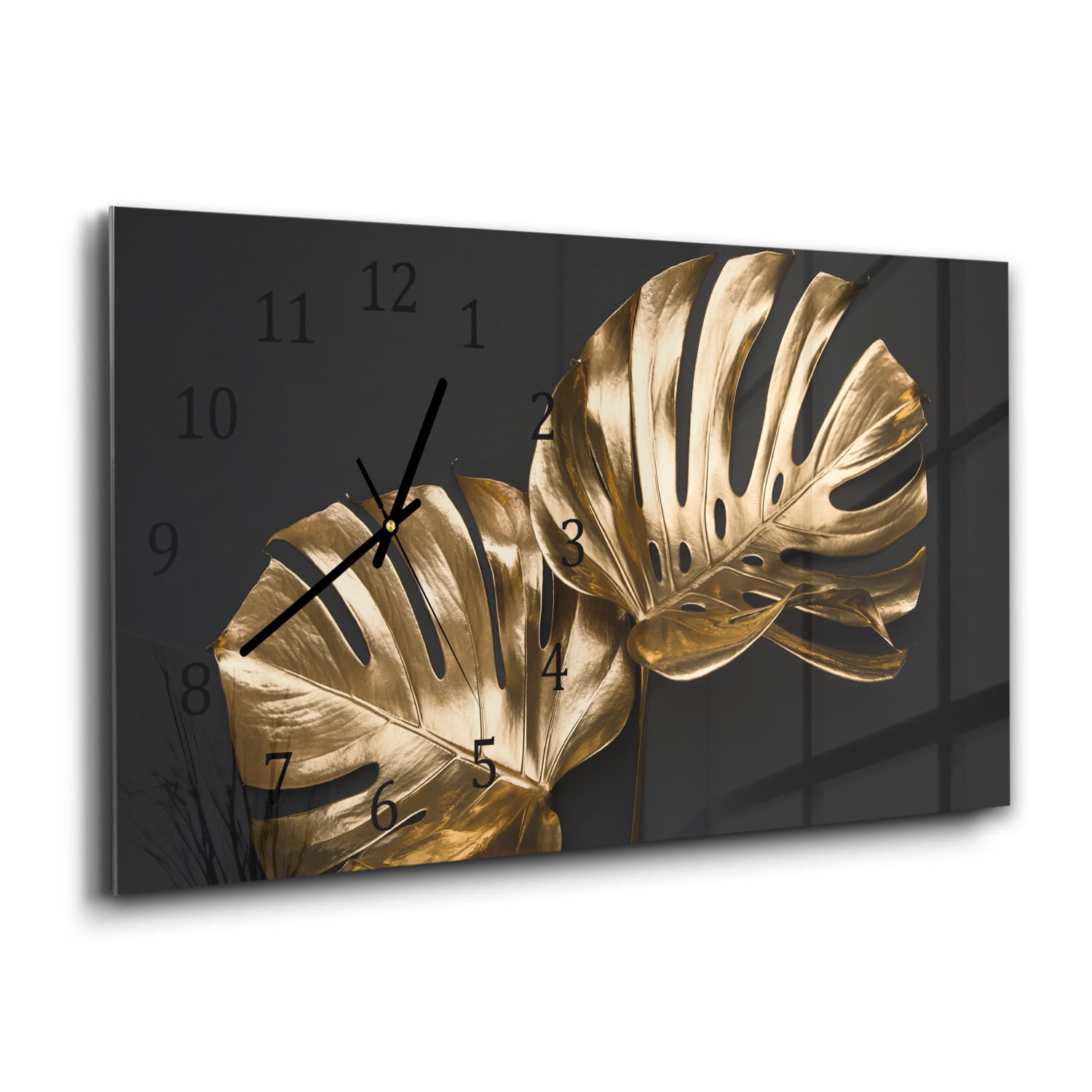 Wandklok 60x30 - Gehard Glas - Luxueuze Gouden Monstera Bladeren