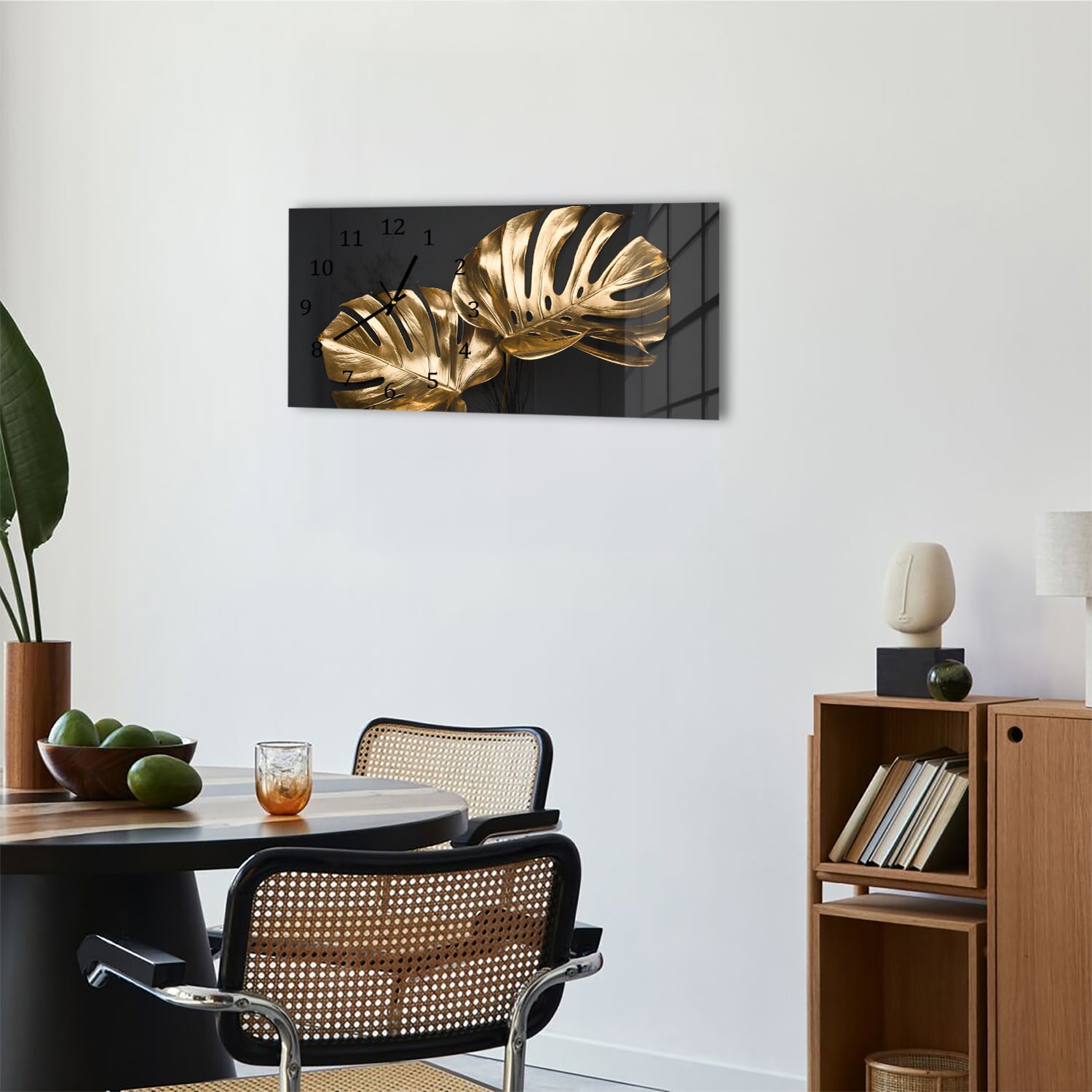 Wandklok 60x30 - Gehard Glas - Luxueuze Gouden Monstera Bladeren