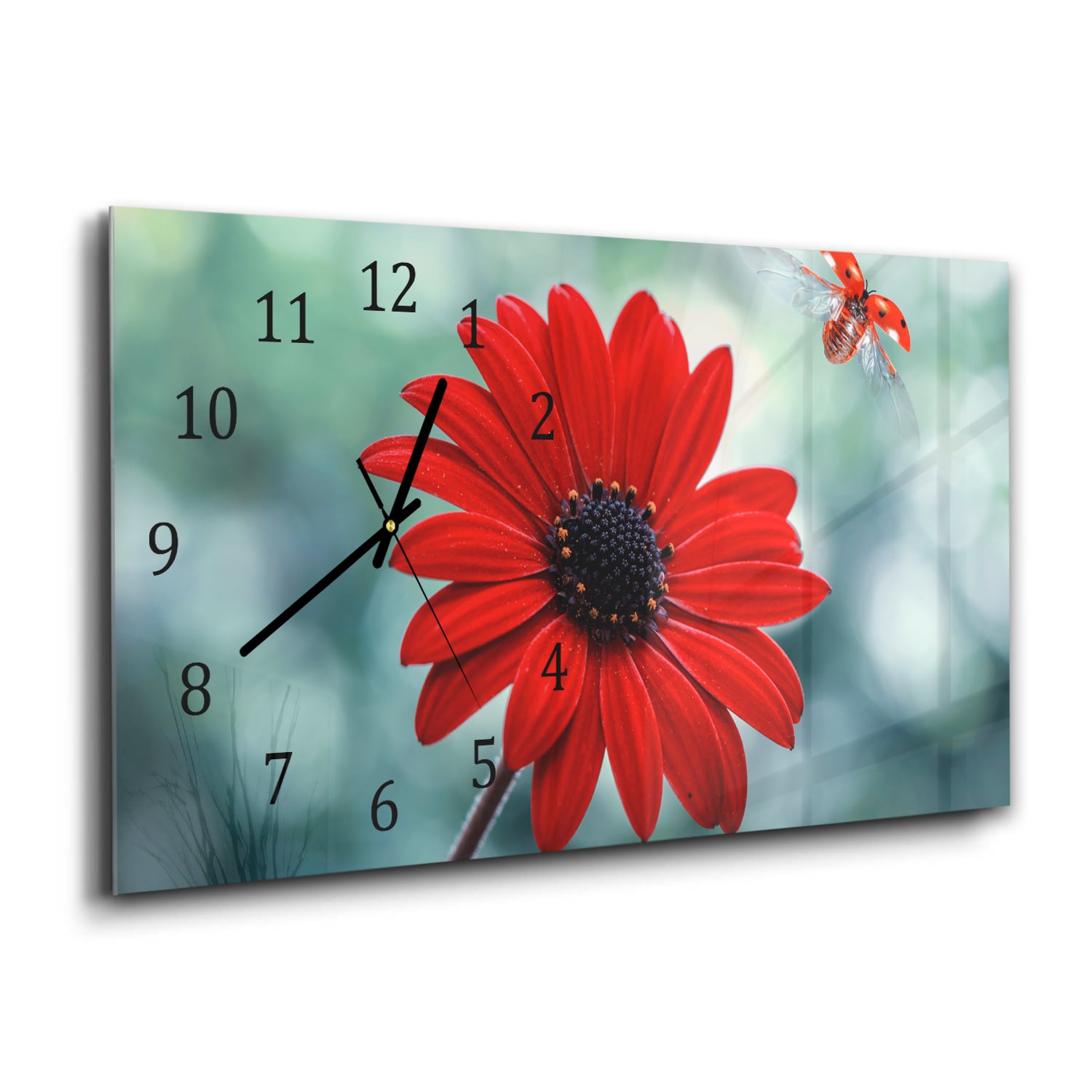 Wandklok 60x30 - Gehard Glas - Rode Bloem en Lieveheersbeestje