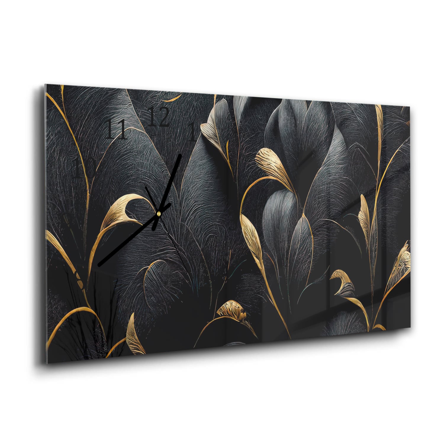 Wandklok 60x30 - Gehard Glas - Luxe Zwarte en Gouden Bloemenpatroon