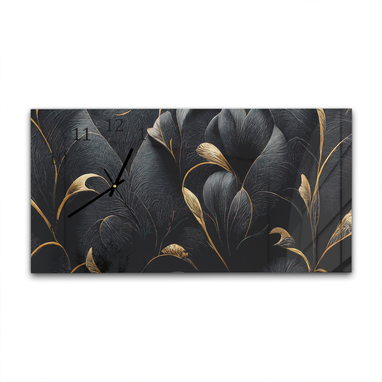 Wandklok 60x30 - Gehard Glas - Luxe Zwarte en Gouden Bloemenpatroon