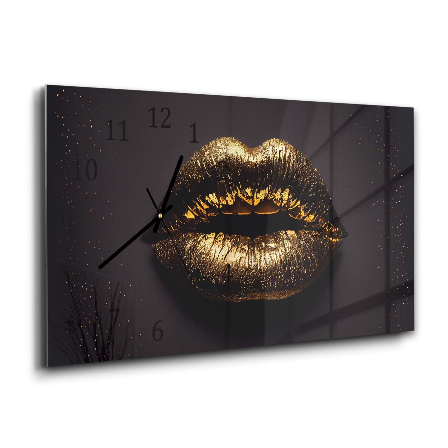 Wandklok 60x30 - Gehard Glas - Gouden lippen op zwarte achtergrond