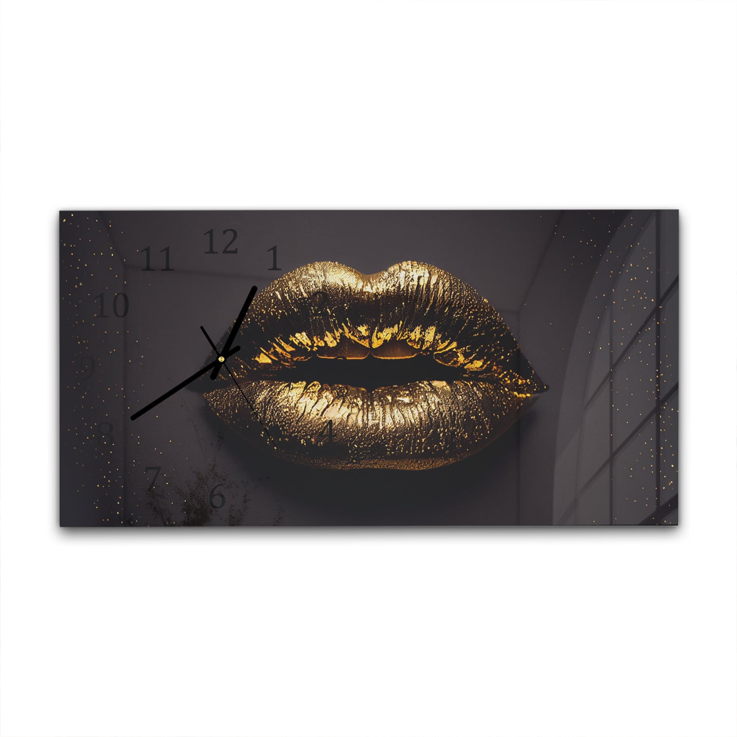 Wandklok 60x30 - Gehard Glas - Gouden lippen op zwarte achtergrond