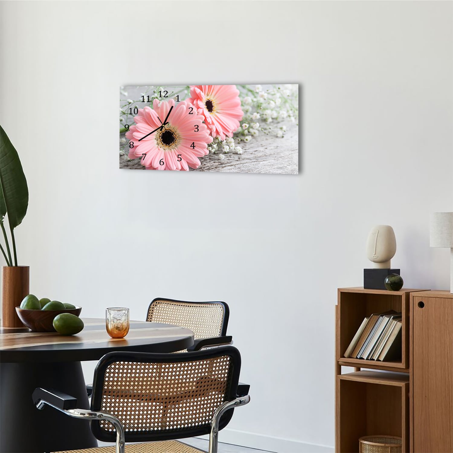 Wandklok 60x30 - Gehard Glas - Roze Gerbera