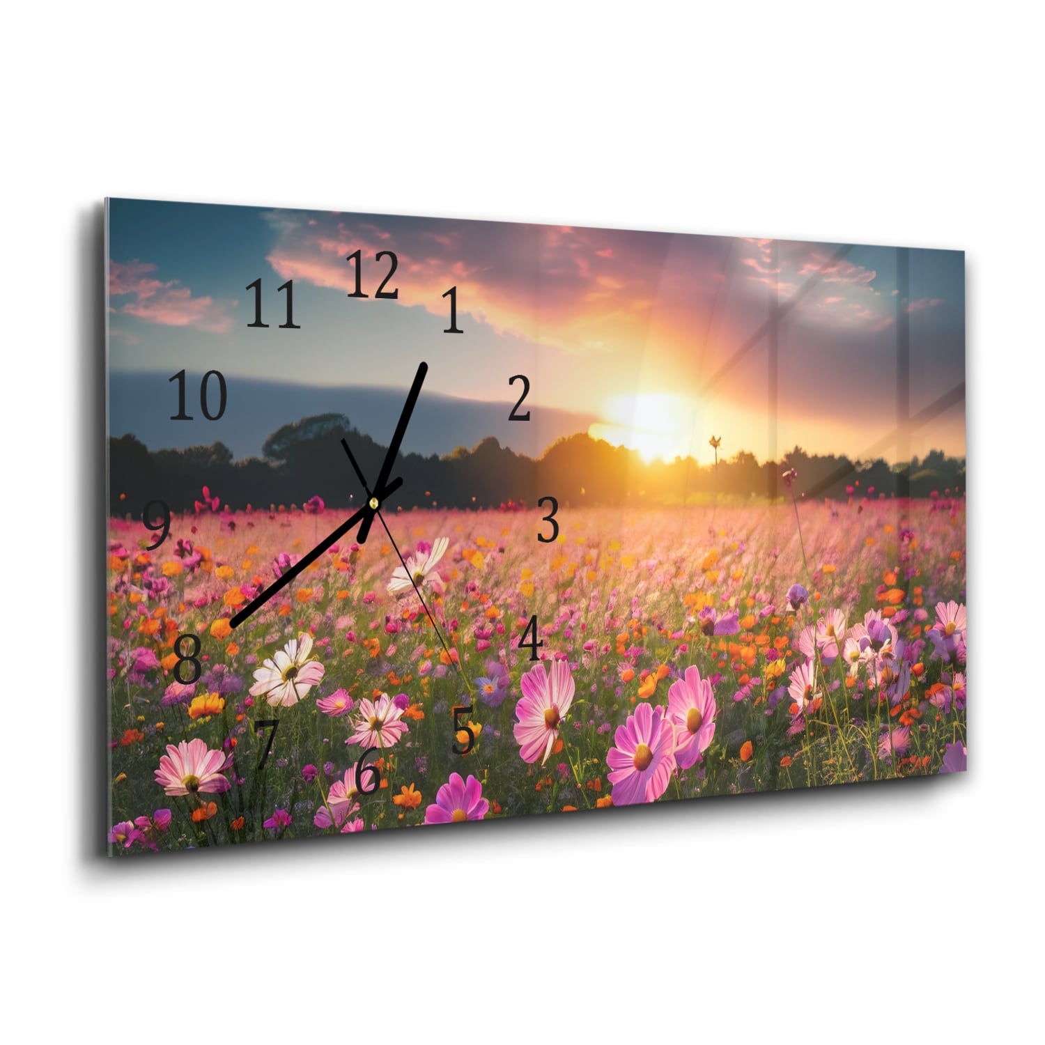 Wandklok 60x30 - Gehard Glas - Zomerbloemen bij Zonsondergang