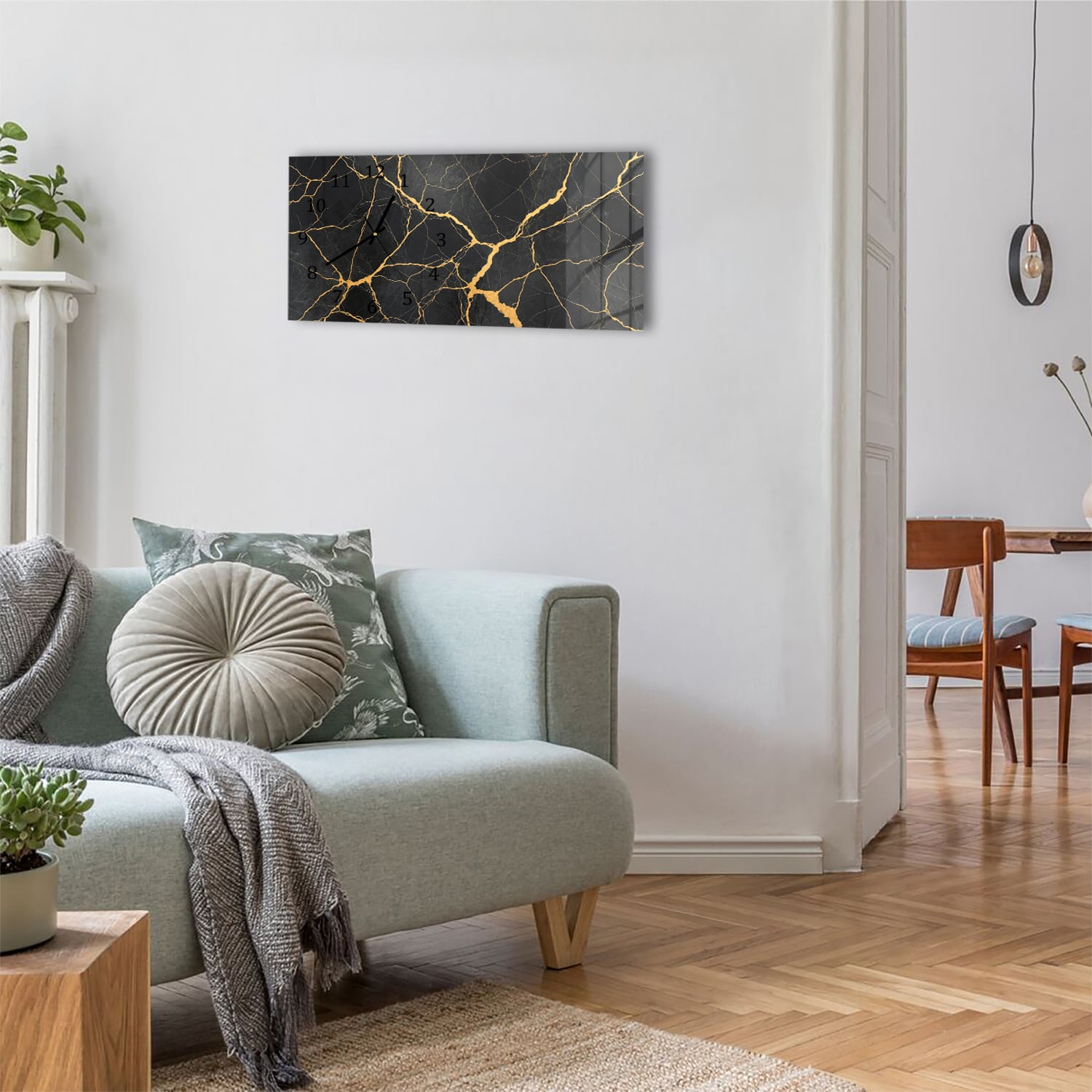 Wandklok 60x30 - Gehard Glas - Gouden Aders In Zwart Marmer