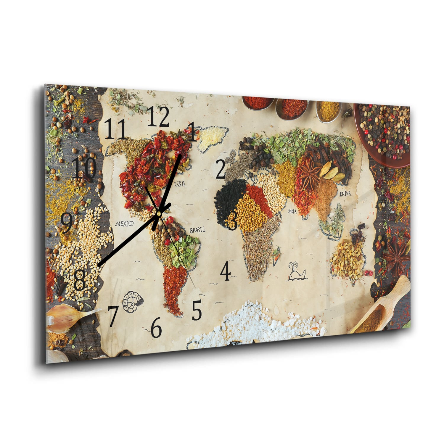 Wandklok 60x30 - Gehard Glas - Wereldkaart van Specerijen