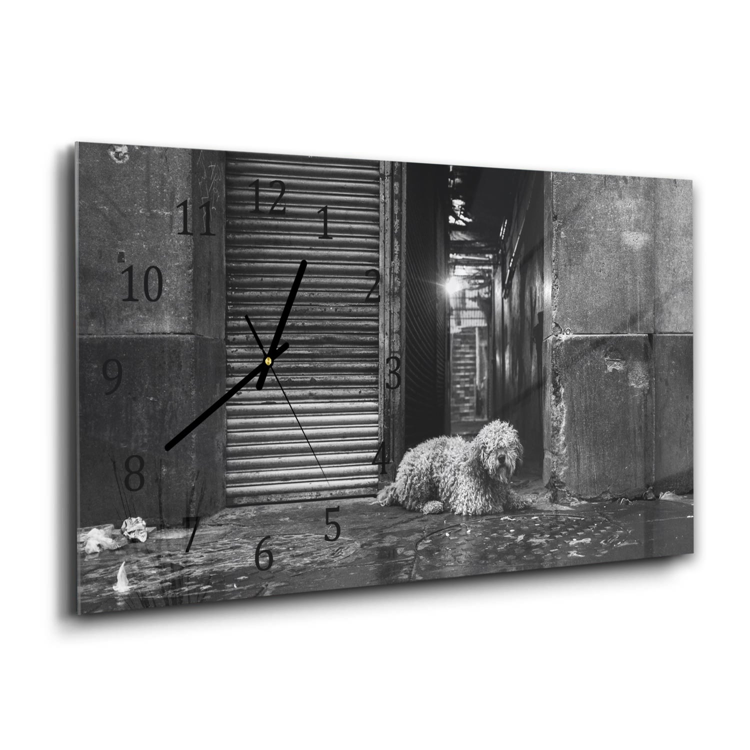 Wandklok 60x30 - Gehard Glas - Zwart-Wit Hond op Straat