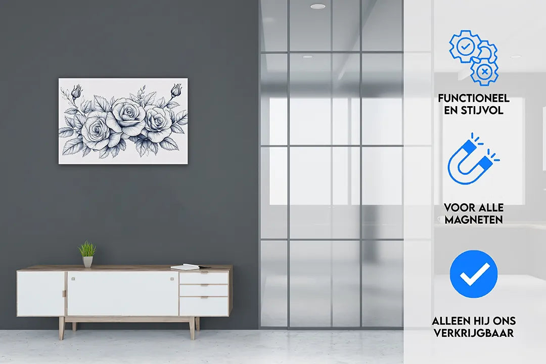 Metalen magneetbord met blauwe rozenillustratie – droog uitwisbaar & magnetisch