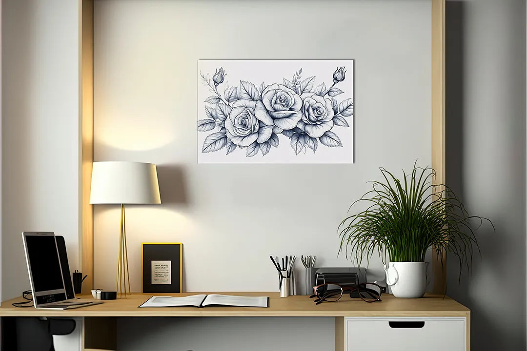 Metalen magneetbord met blauwe rozenillustratie – droog uitwisbaar & magnetisch