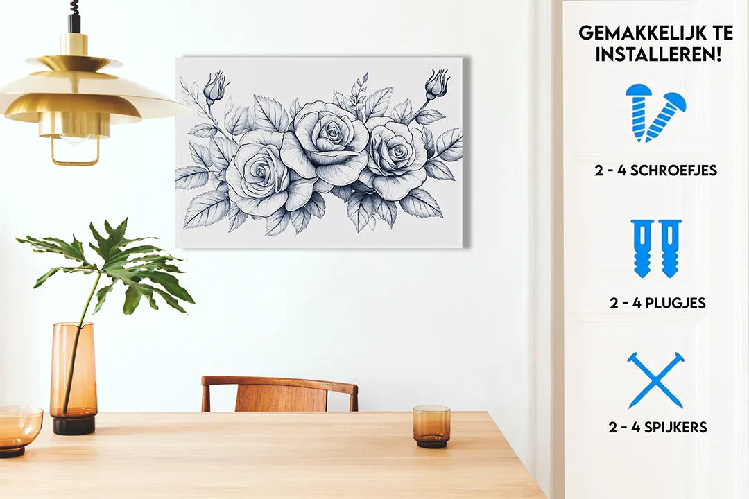Metalen magneetbord met blauwe rozenillustratie – droog uitwisbaar & magnetisch