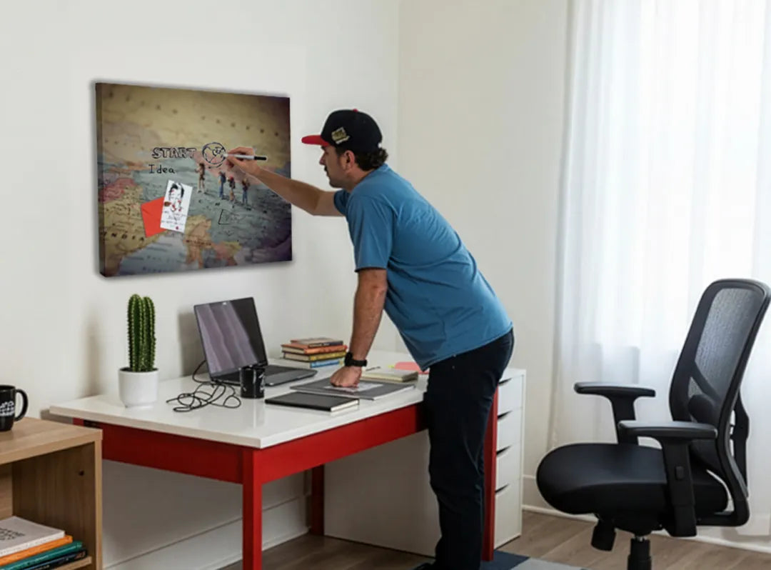 Metalen magneetbord met avontuurlijke reizigers – droog uitwisbaar & magnetisch