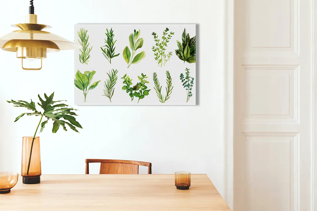 Stijlvol metaal magneetbord met groene kruidenillustraties – droog uitwisbaar & magnetisch