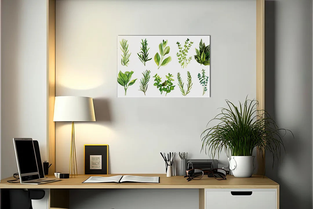 Stijlvol metaal magneetbord met groene kruidenillustraties – droog uitwisbaar & magnetisch