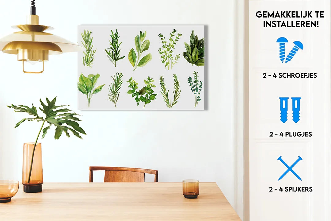 Stijlvol metaal magneetbord met groene kruidenillustraties – droog uitwisbaar & magnetisch