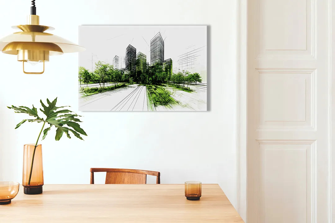 Metalen magneetbord met moderne stadstekening – droog uitwisbaar & magnetisch