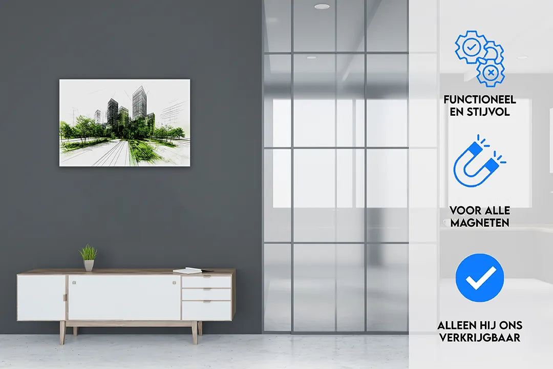 Metalen magneetbord met moderne stadstekening – droog uitwisbaar & magnetisch