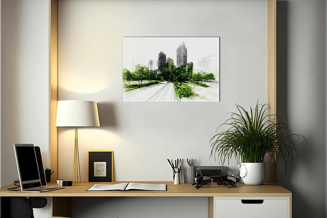 Metalen magneetbord met moderne stadstekening – droog uitwisbaar & magnetisch