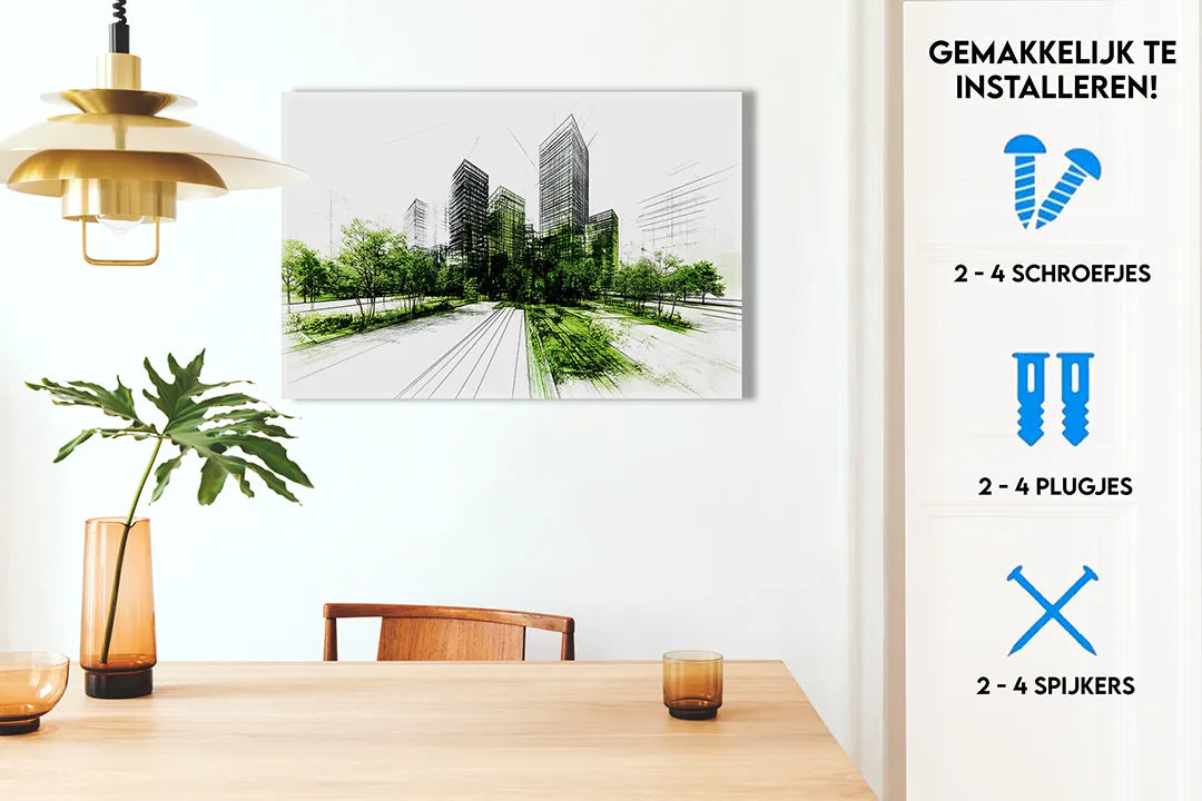 Metalen magneetbord met moderne stadstekening – droog uitwisbaar & magnetisch