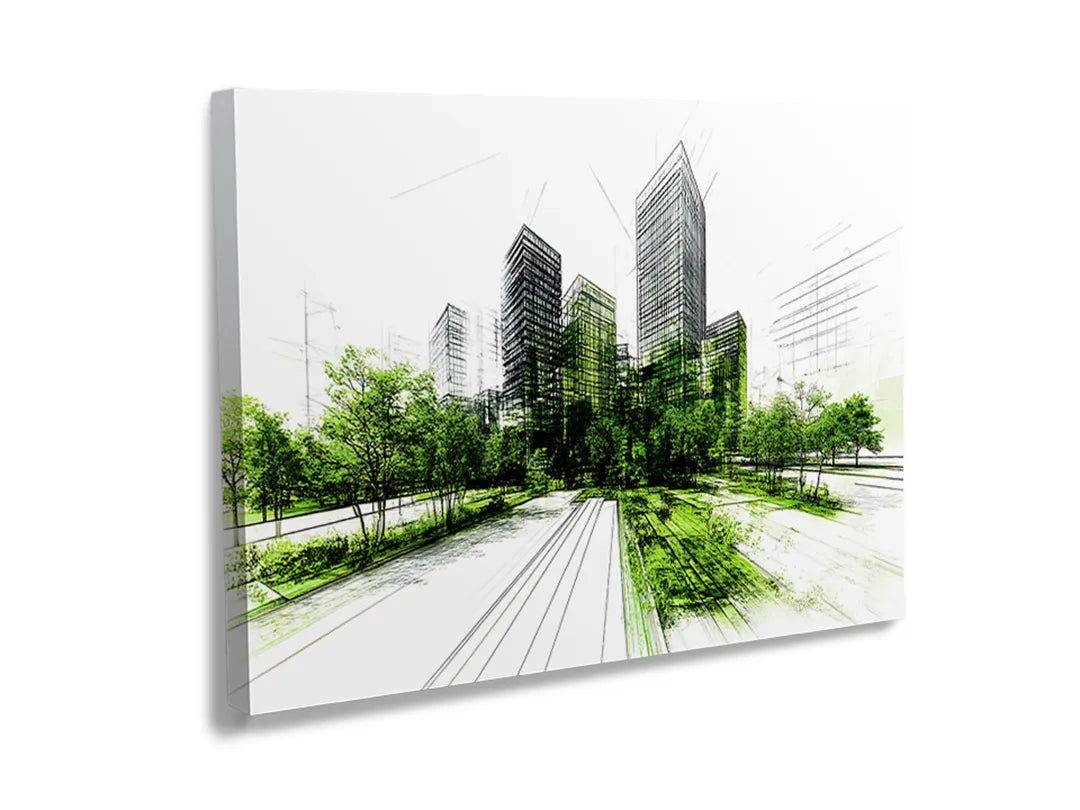 Metalen magneetbord met moderne stadstekening en groen