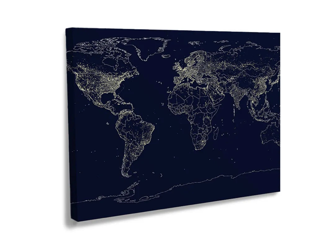 Metalen magneetbord met wereldkaart in sterrenlicht