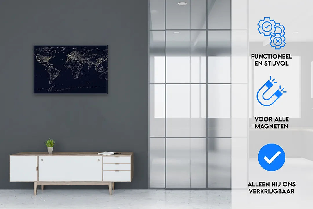Metalen magneetbord wereldkaart in sterrenlicht – droog uitwisbaar & magnetisch