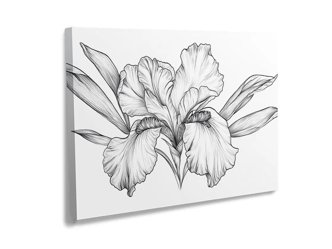 Metalen bord met een elegante illustratie van iris bloemen, functioneel als magneetbord.