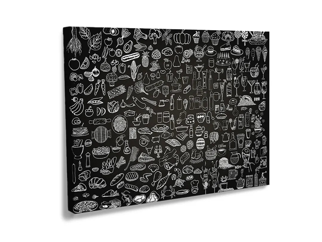 Decoratief metalen magneetbord met illustraties van voedsel en drank.