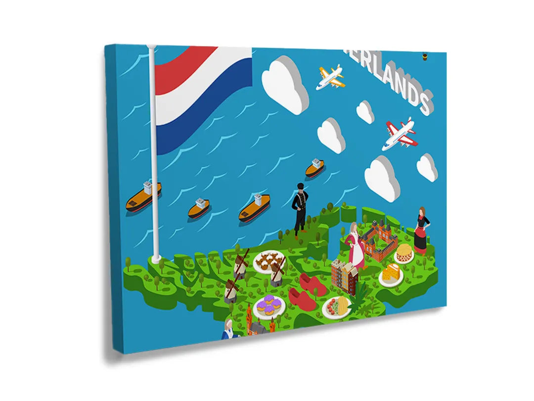 Kleurrijk metalen bord met een Nederlandse thematische illustratie