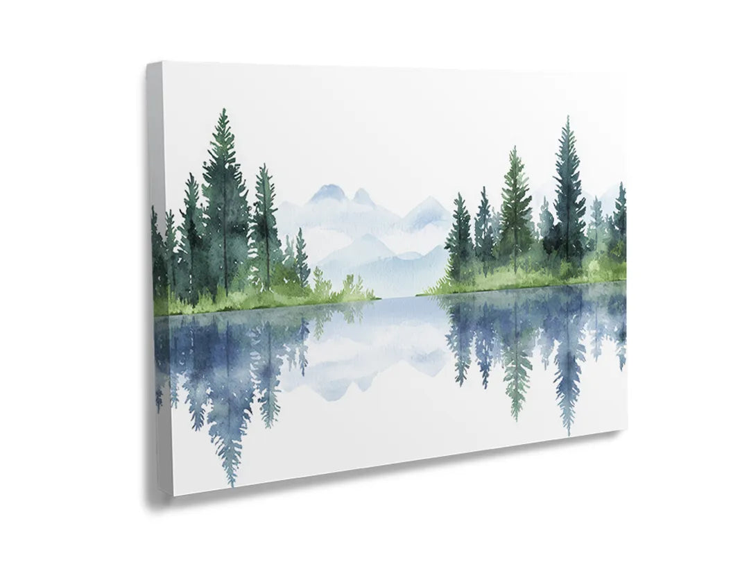 Metalen bord met natuurprint van bomen en bergen in reflectie.