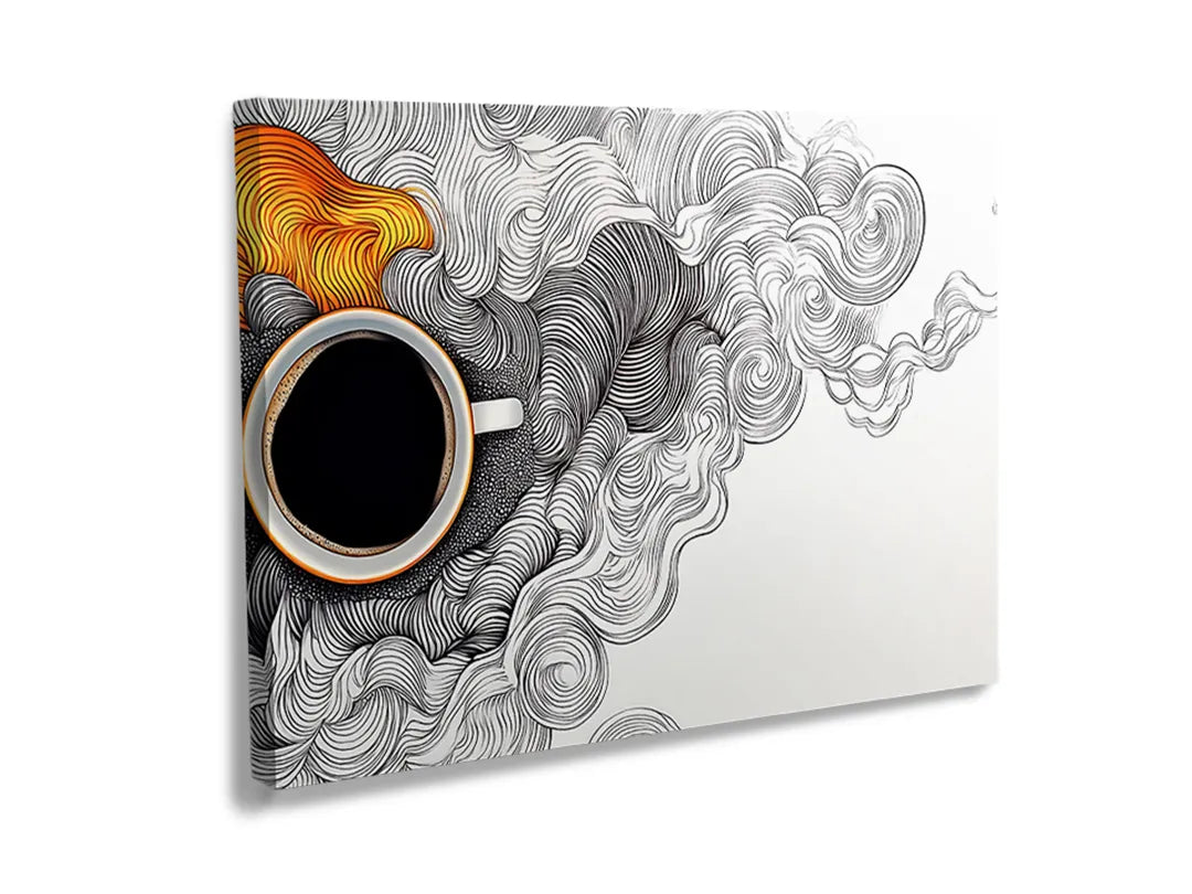 Metalen bord met een abstract ontwerp van koffie en lijnen.