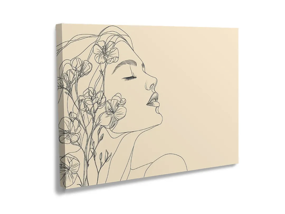 Metalen bord met een elegante tekening van een vrouw en bloemen