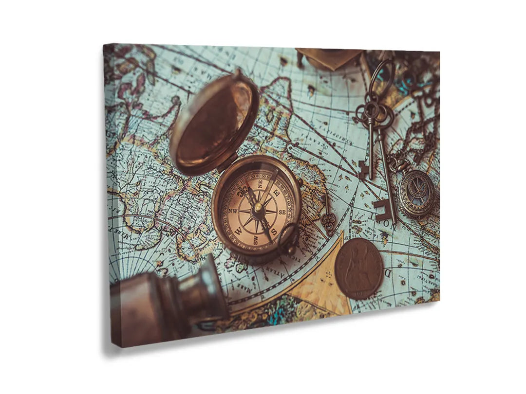 Metalen magneetbord met vintage wereldkaart en kompas