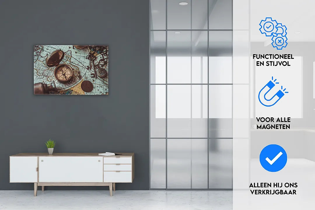 Metalen magneetbord met vintage wereldkaart en kompas – droog uitwisbaar & magnetisch
