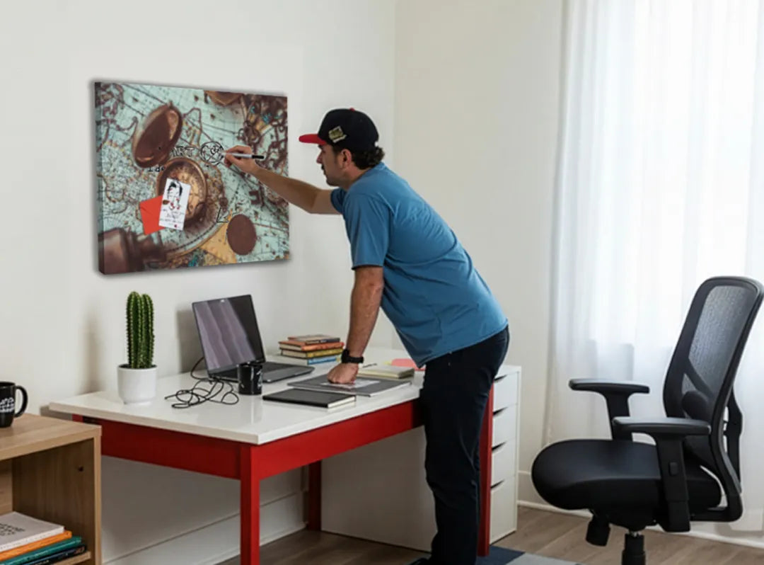 Metalen magneetbord met vintage wereldkaart en kompas – droog uitwisbaar & magnetisch