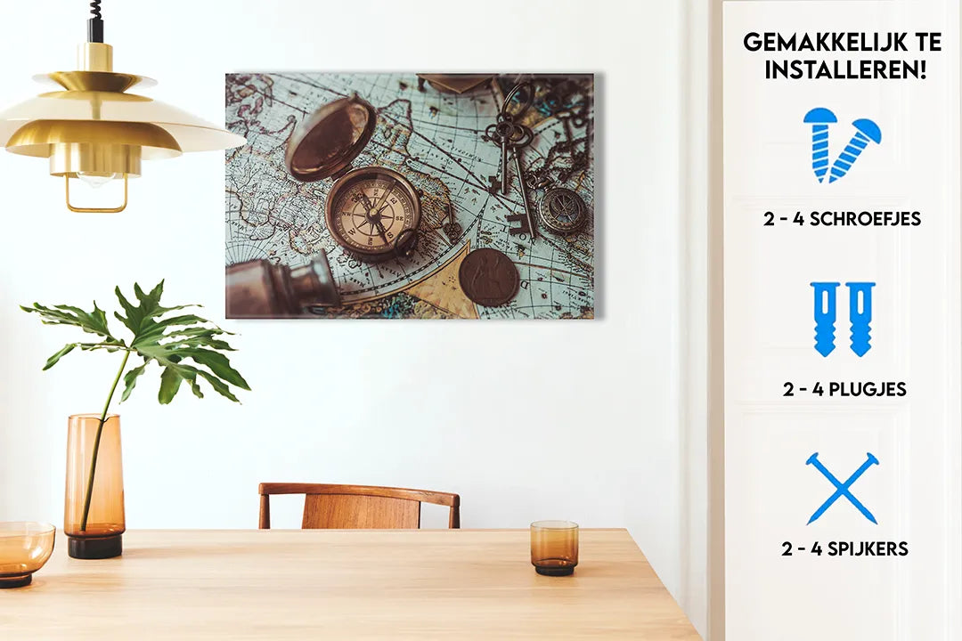 Metalen magneetbord met vintage wereldkaart en kompas – droog uitwisbaar & magnetisch