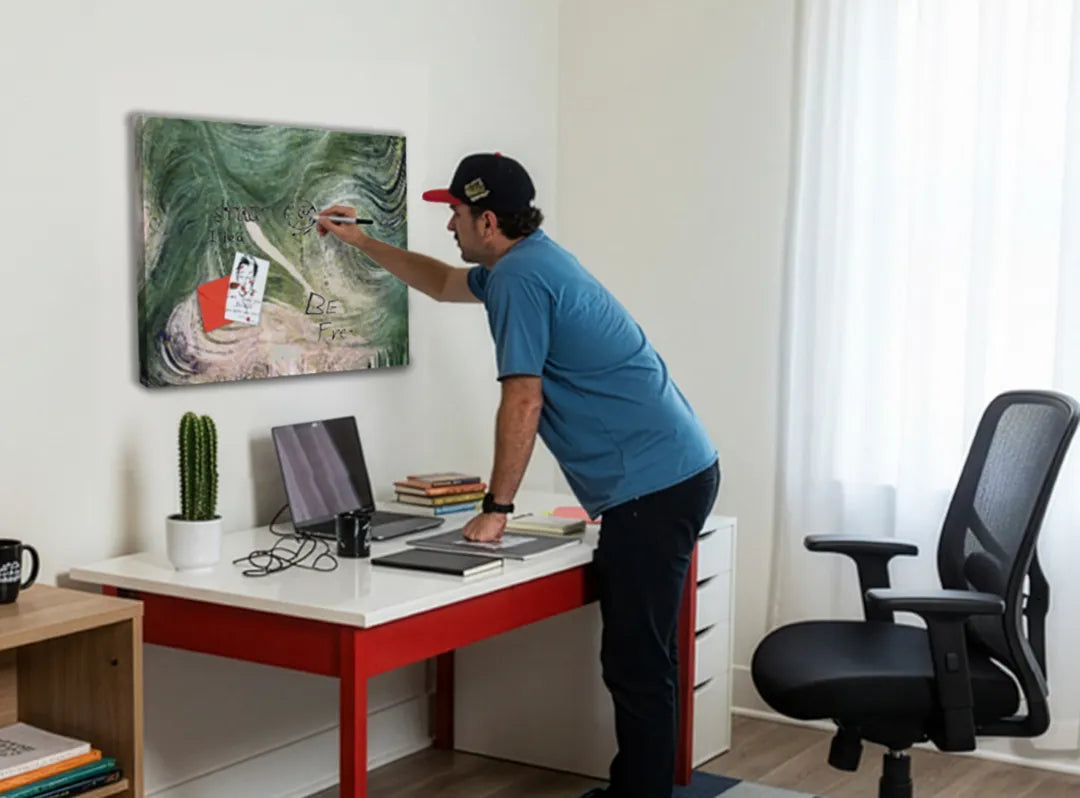 Abstract metalen magneetbord in groene tinten – droog uitwisbaar & magnetisch