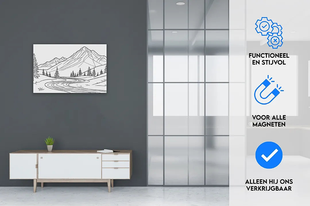 Metalen magneetbord met berglandschap - decoratief en functioneel - droog uitwisbaar & magnetisch