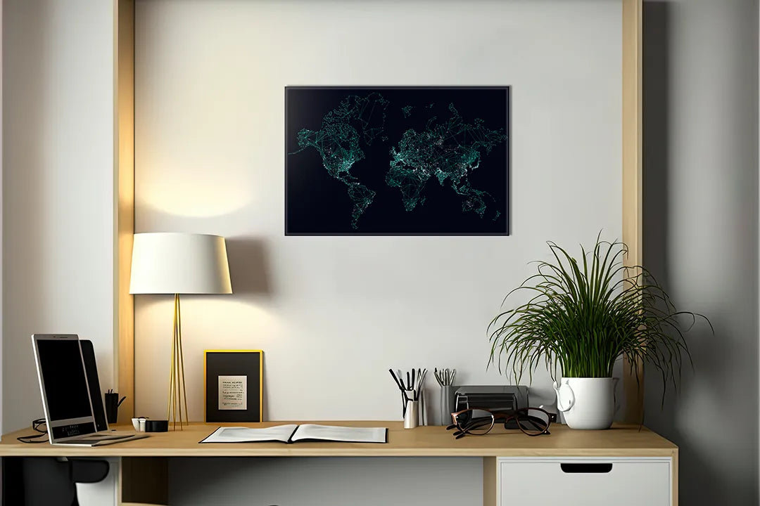 Metalen magneetbord wereldkaart met geometrisch design – droog uitwisbaar & magnetisch