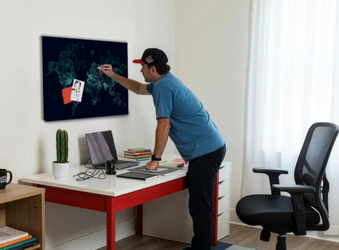 Metalen magneetbord wereldkaart met geometrisch design – droog uitwisbaar & magnetisch