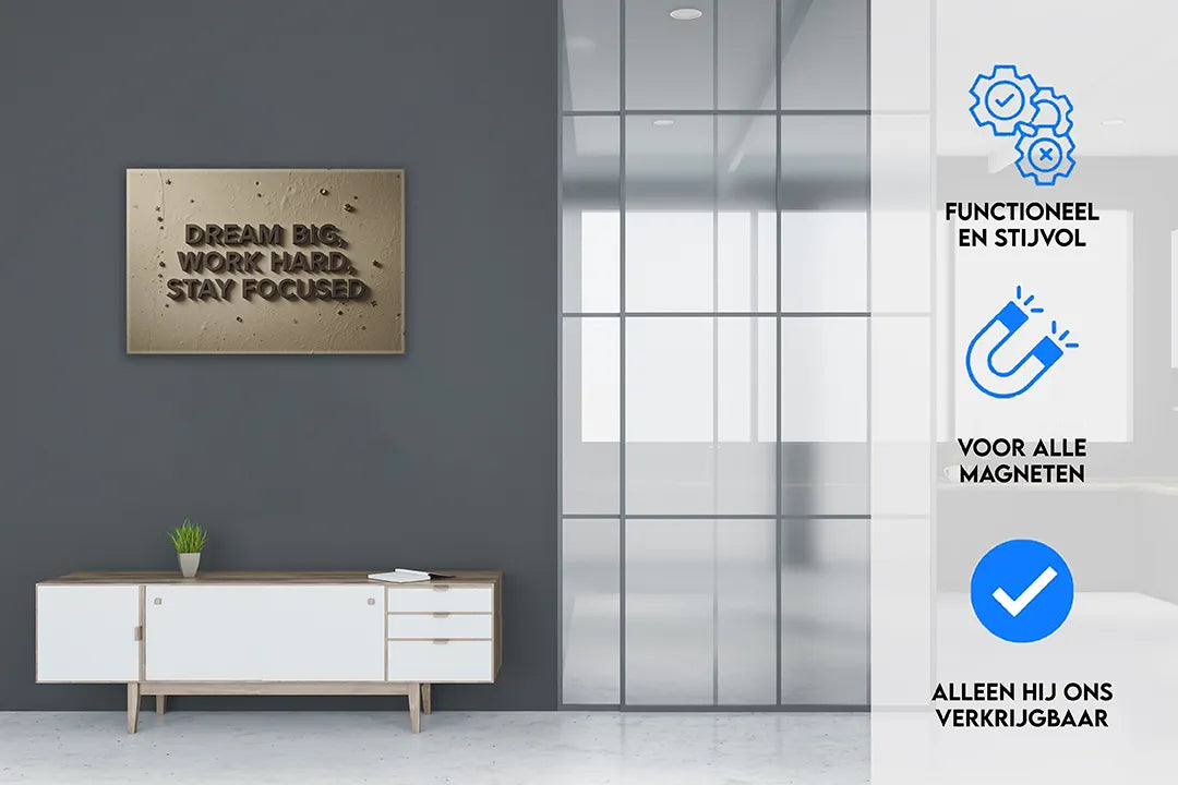 Motiverend metalen magneetbord - Dream Big, Work Hard – droog uitwisbaar & magnetisch