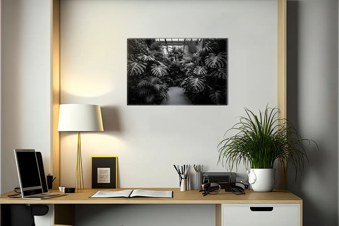Metalen magneetbord met tropische planten in zwart-wit - droog uitwisbaar & magnetisch