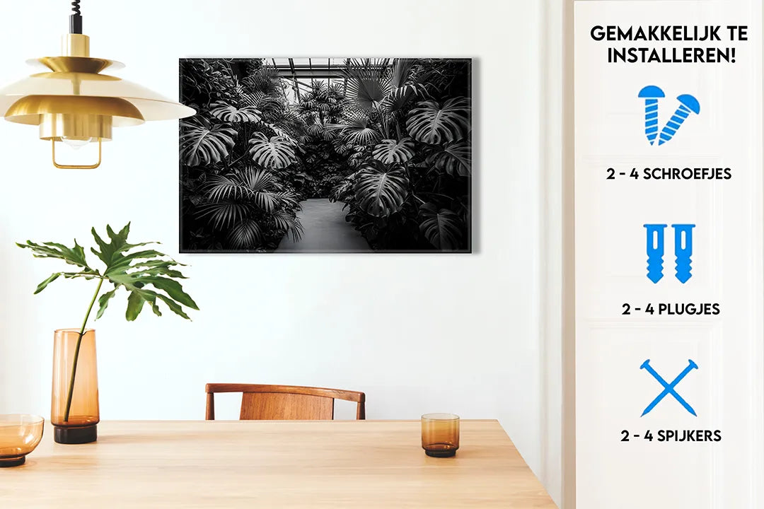 Metalen magneetbord met tropische planten in zwart-wit - droog uitwisbaar & magnetisch