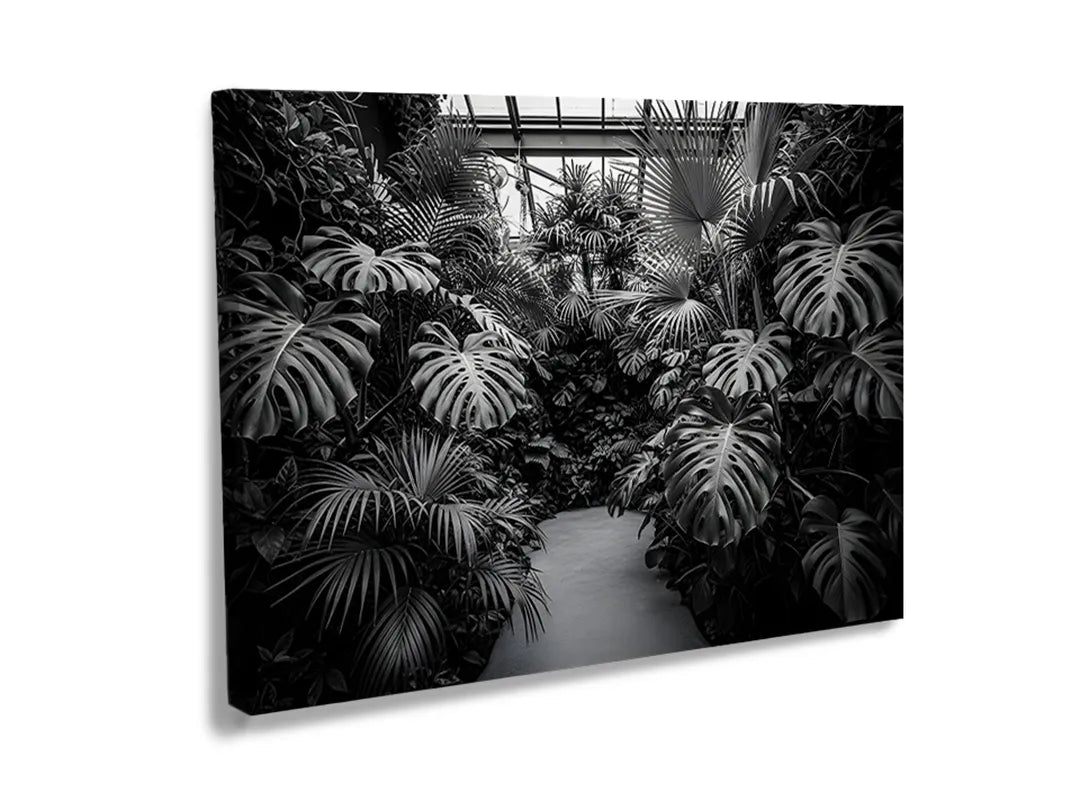 Metalen magneetbord met zwart-wit afbeelding van tropische planten.